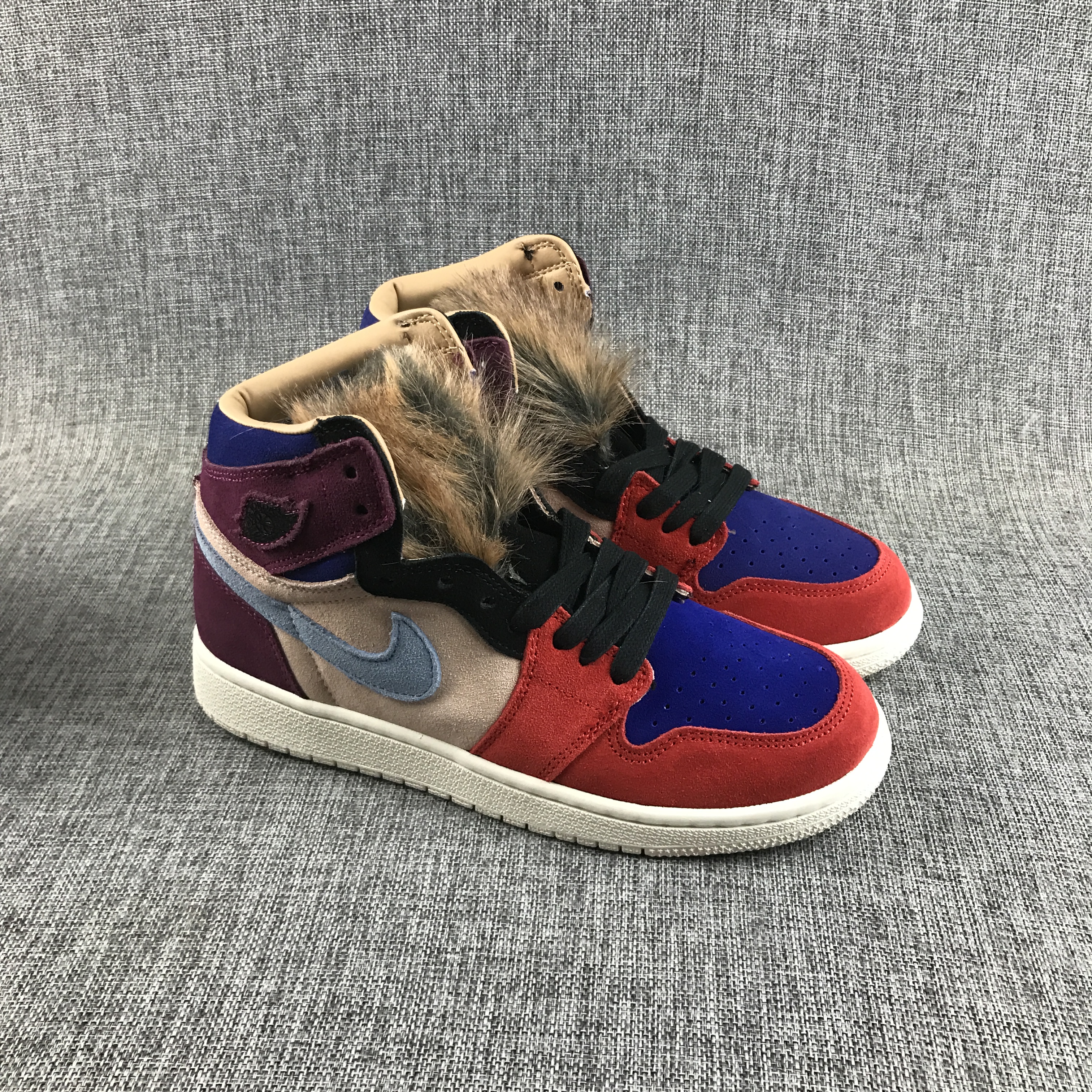 Women Air Jordan 1 Wool Red Blue Brown Shoes